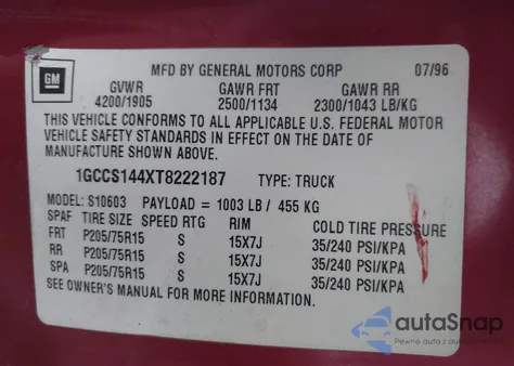 1996 Chevrolet S Truck S10 from USA, damaged, VIN 1GCCS144XT8222187